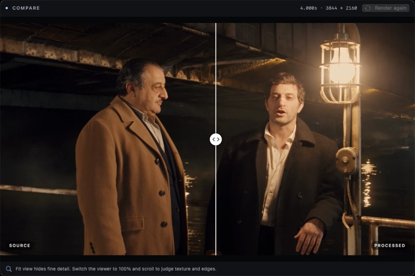 Clearframe’s Compare view: one frame split by a draggable divider, source on the left, processed on the right.