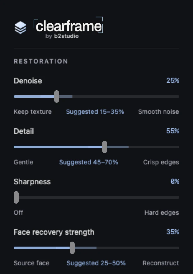 Restoration controls: Denoise, Detail, Sharpness and Face recovery strength, each with a suggested range.