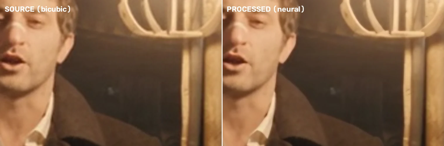 Side-by-side detail crop at 100 percent: bicubic enlargement on the left, neural reconstruction on the right.